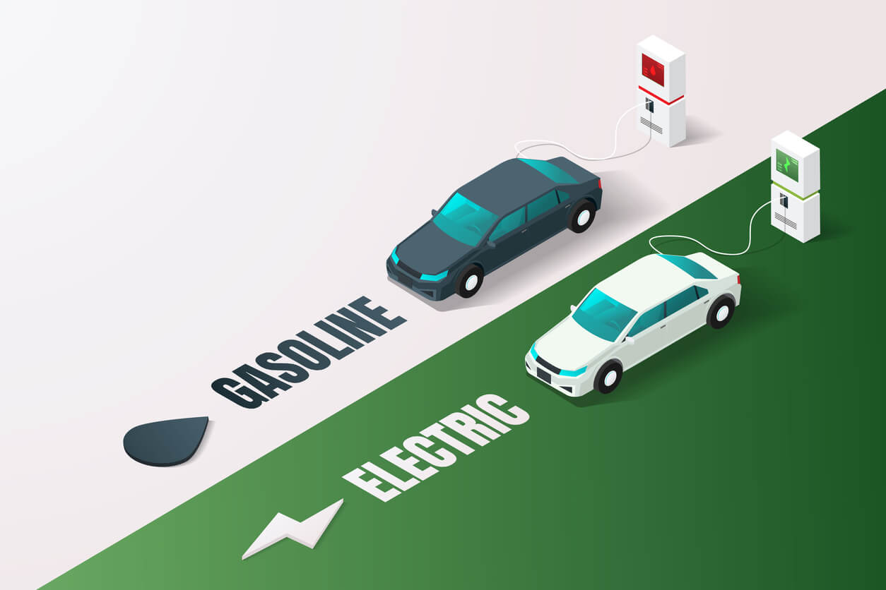 Illustration of a petrol car at a fuel pump beside an electric car at a charging station